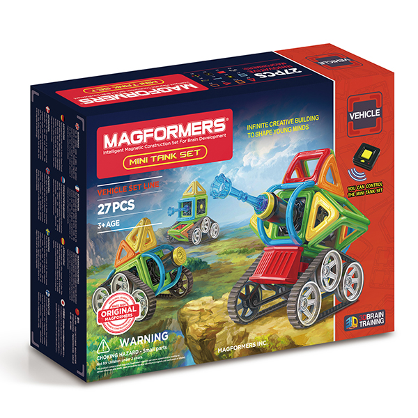 Магнитный конструктор MAGFORMERS 707010 Mini Tank Set - Набор Magformers Mini Tank содержит 27 элементов:

●	треугольник: 4 шт.
●	квадрат: 10 шт.
●	мини-сектор: 2 шт.
●	арка: 2 шт.
●	мини-арка: 1 шт.
●	новые гусеничные колеса: 2 шт.
●	бампер: 1 шт.
●	коннектор: 1 шт.
●	моторный блок: 1 шт.
●	поршень